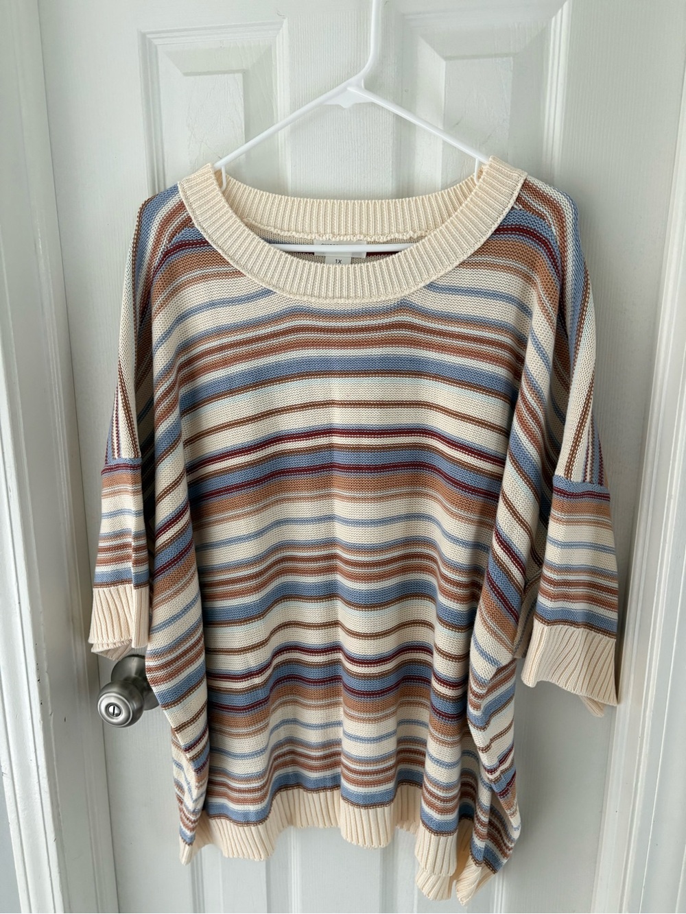 Chic Soul Cream Striped Scoop-Neck Sweater with Blue and Brown Accents